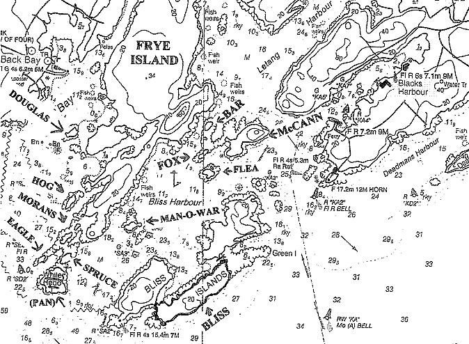 Islands-Chart The islands around Bliss Harbour, Blacks Harbour and Back Bay